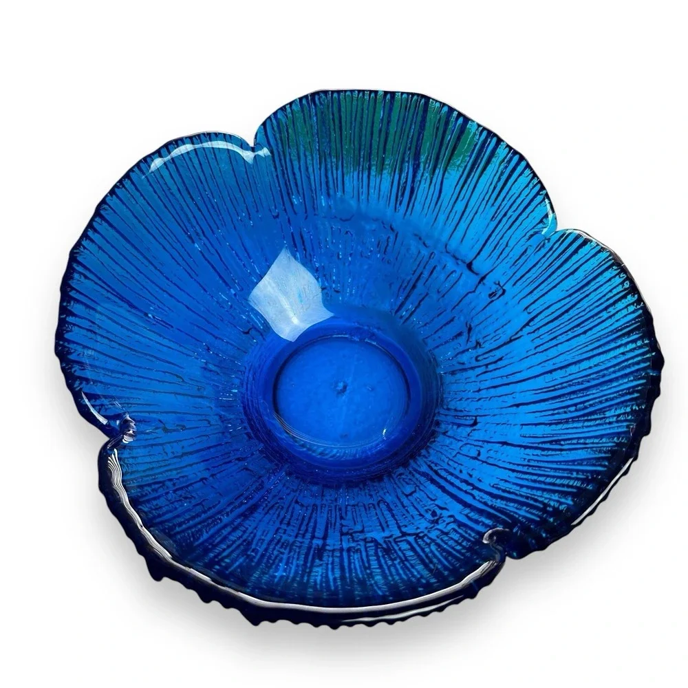 Vintage‎ Blenko Glass Bowl Blue Flower Petal Dish MCM Textured 9